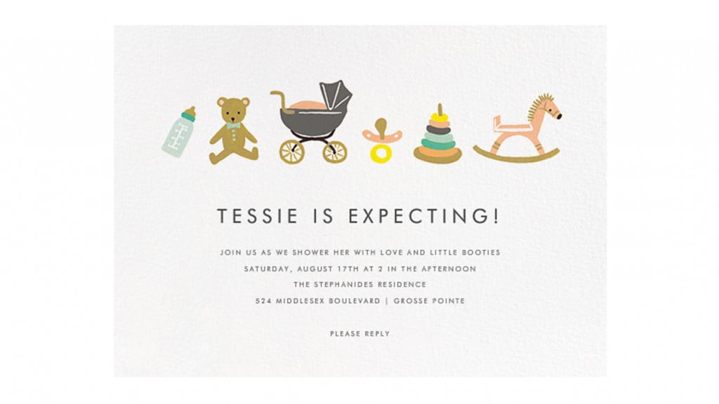 婴儿送礼会邀请函上画着“婴儿必需品”:一个奶瓶、一个泰迪熊、一辆婴儿车、一个安抚奶嘴、叠戒指、一个摇马