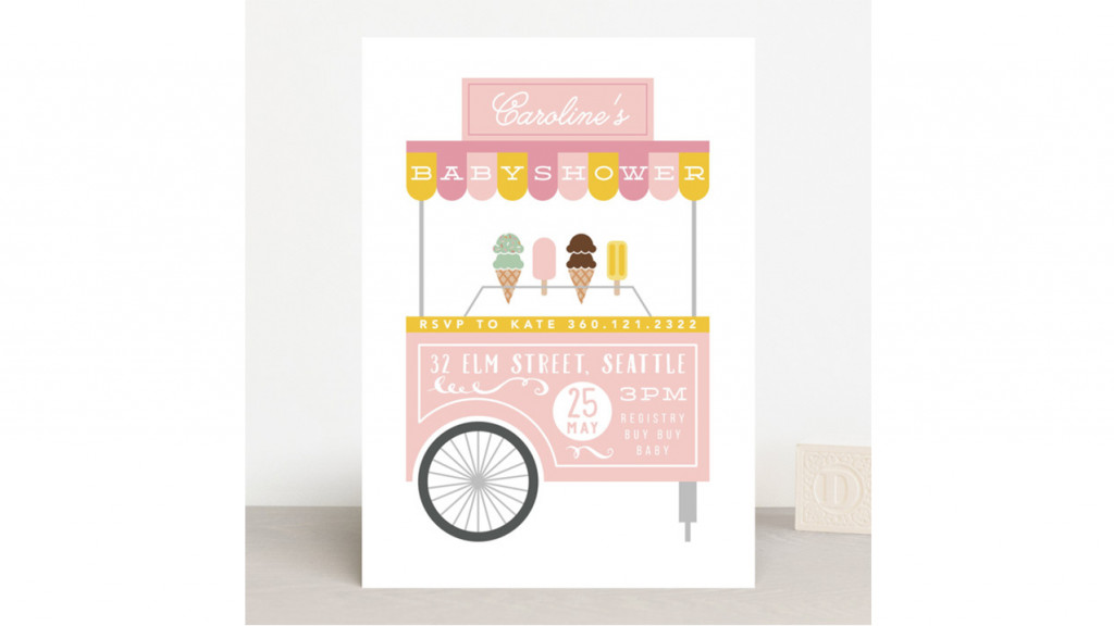 婴儿送礼会邀请函上画着一辆粉色的冰淇淋车
