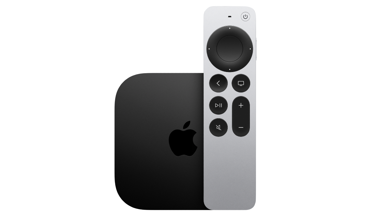黑色苹果电视立方体与纤细的银色遥控器