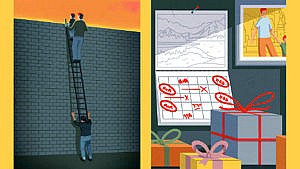 左边的插图是一个人拿着梯子，而另一个人和一个孩子在梯子的顶端;右边是日历、父母和孩子的照片和礼品盒的插图。