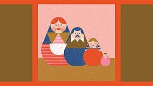 四个俄罗斯娃娃的彩色插图，描绘了一个有父母和两个孩子的家庭